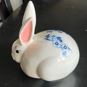 White Ceramic Bunny Figurine with Blue Floral Detail